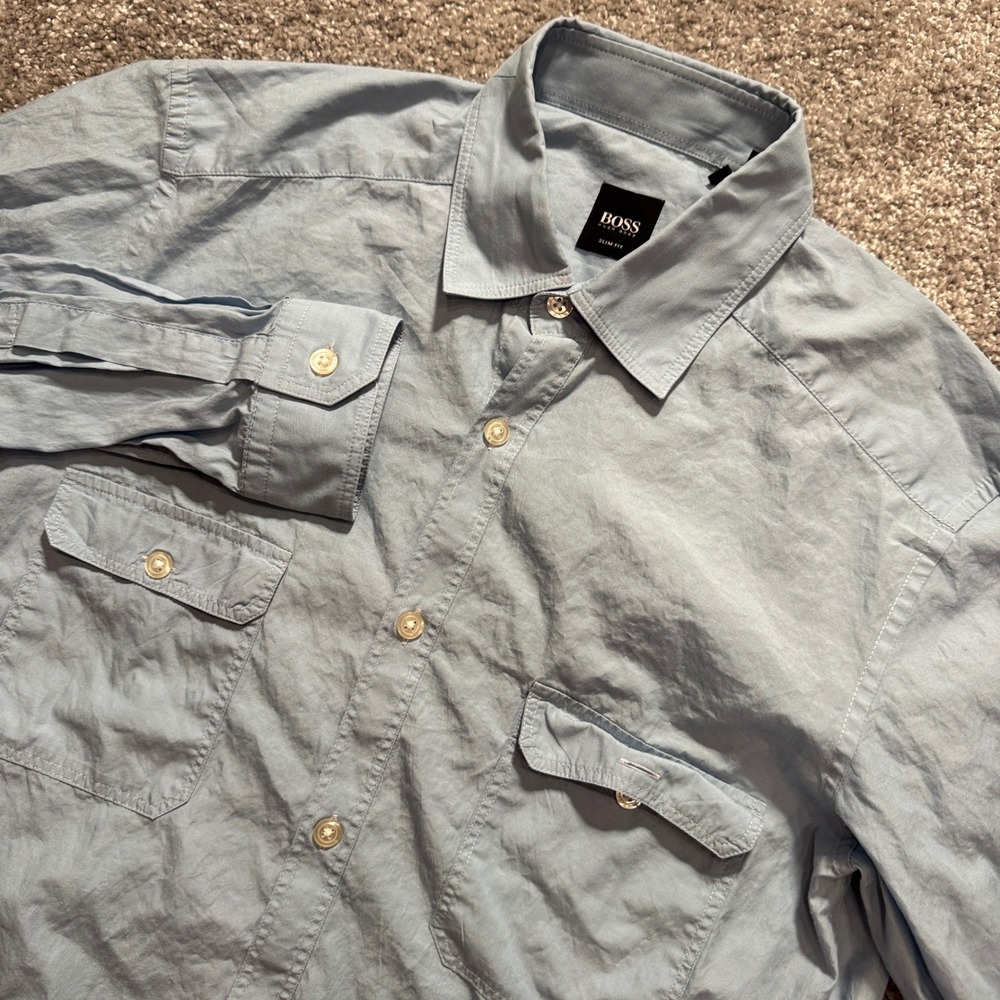 Hugo Boss Shirt Mens Small Blue Solid Cotton Luxury Designer Business Casual